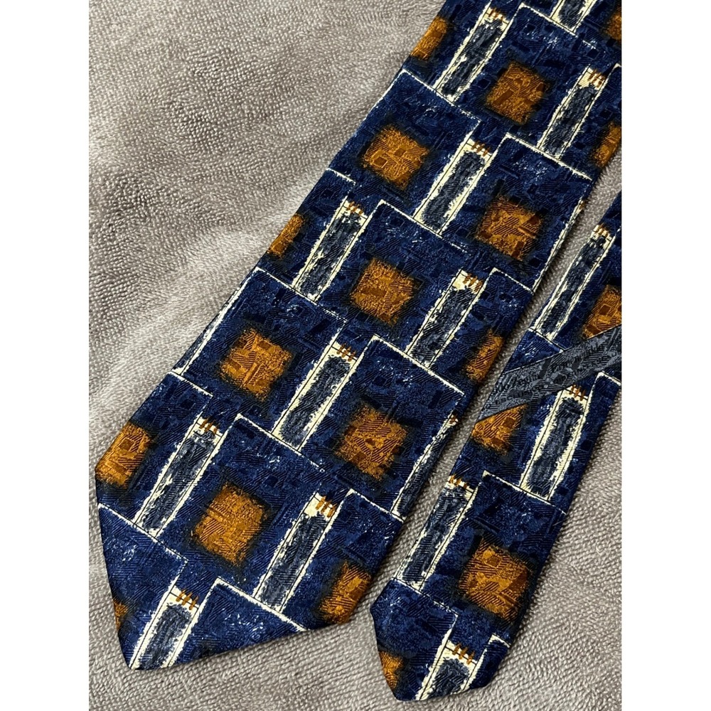 Ermenegildo Zegna Mens Silk Tie‎ Navy Blue Gold Geometric Abstract Made in Italy